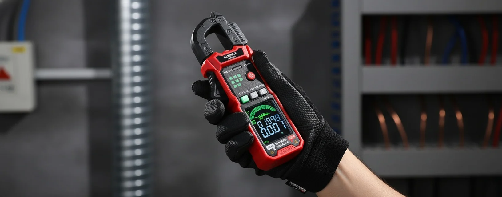 Close-up of a proving unit being used to verify a voltage tester's functionality.