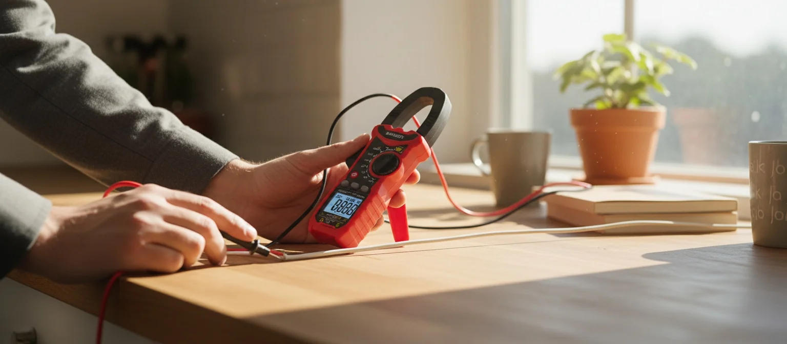 Electrician reviewing the results on a digital voltage tester display.