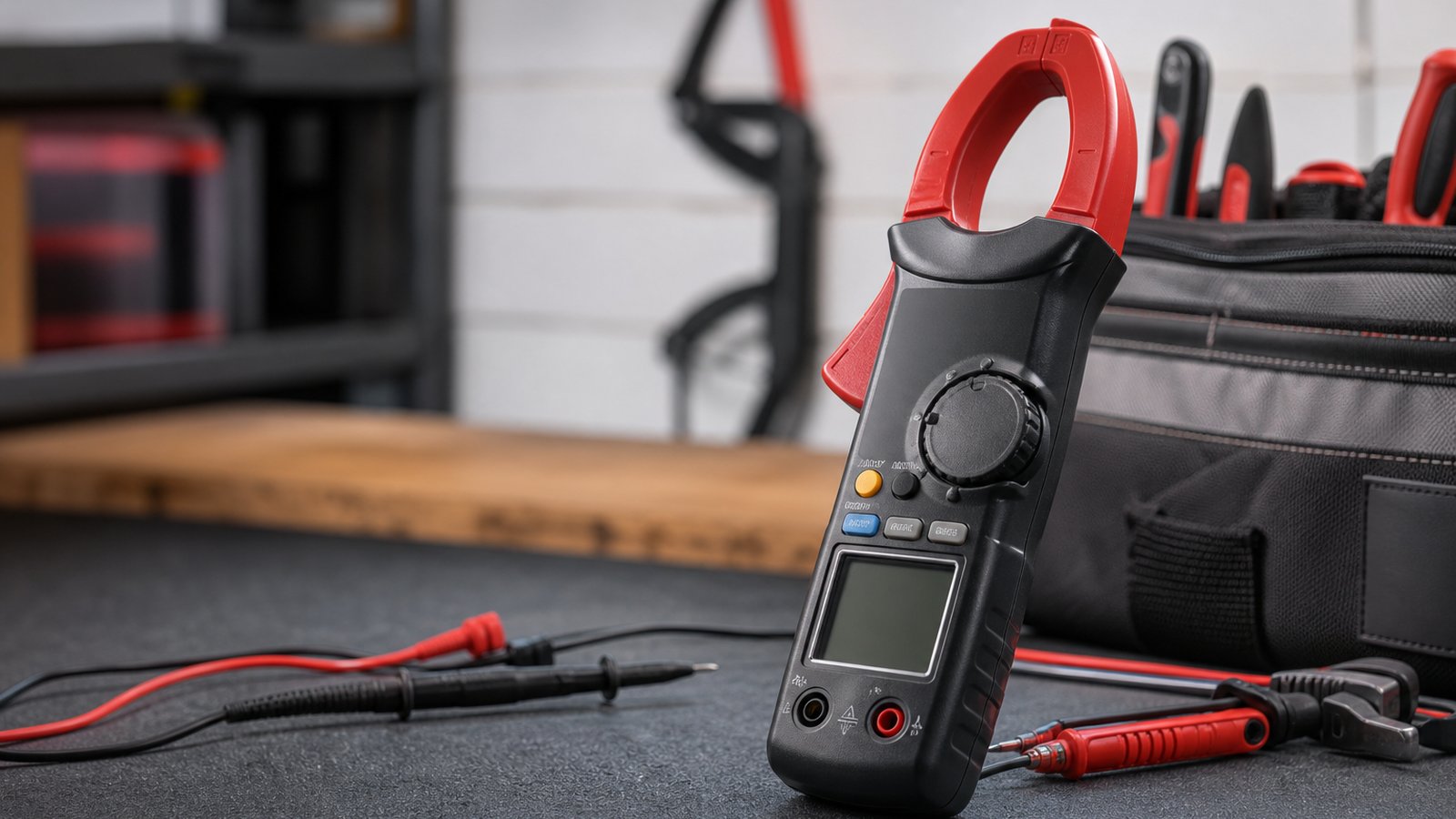 Handheld clamp meter on a tidy workbench