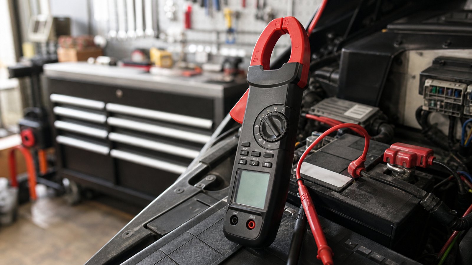 Handheld clamp meter on a tidy workbench